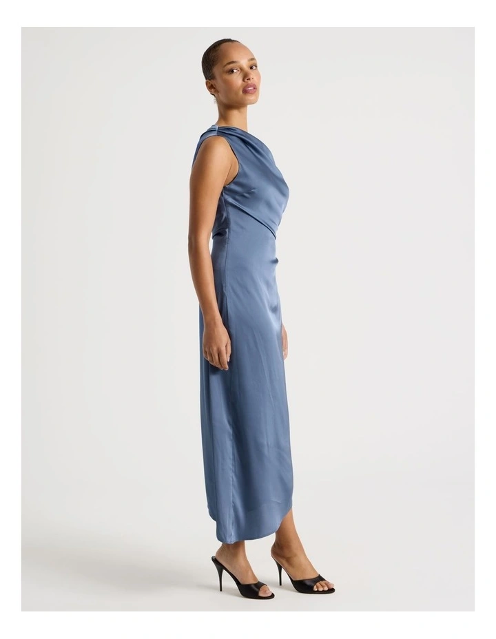 Satin Draped Asymmetrical Midi Dress in Dusty Blue image 5