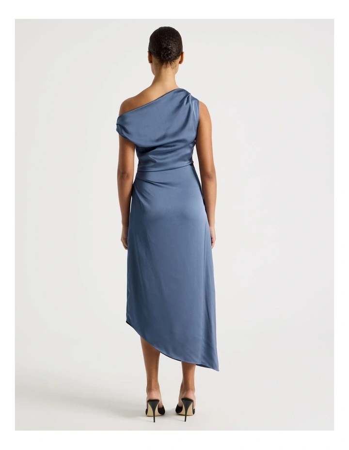Satin Draped Asymmetrical Midi Dress in Dusty Blue image 6