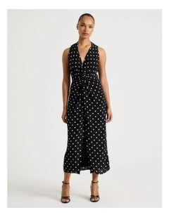 Tie Waist Sleeveless Dress in Black/White