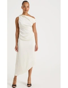 Satin Draped Asymmetrical Midi Dress in Ecru