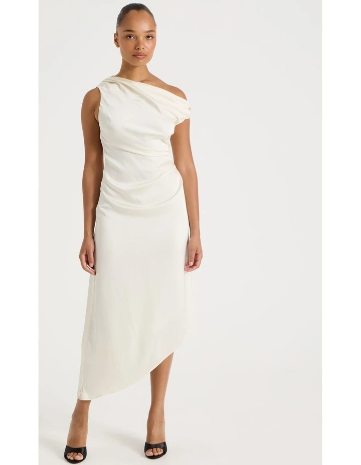 Satin Draped Asymmetrical Midi Dress in Ecru image 1