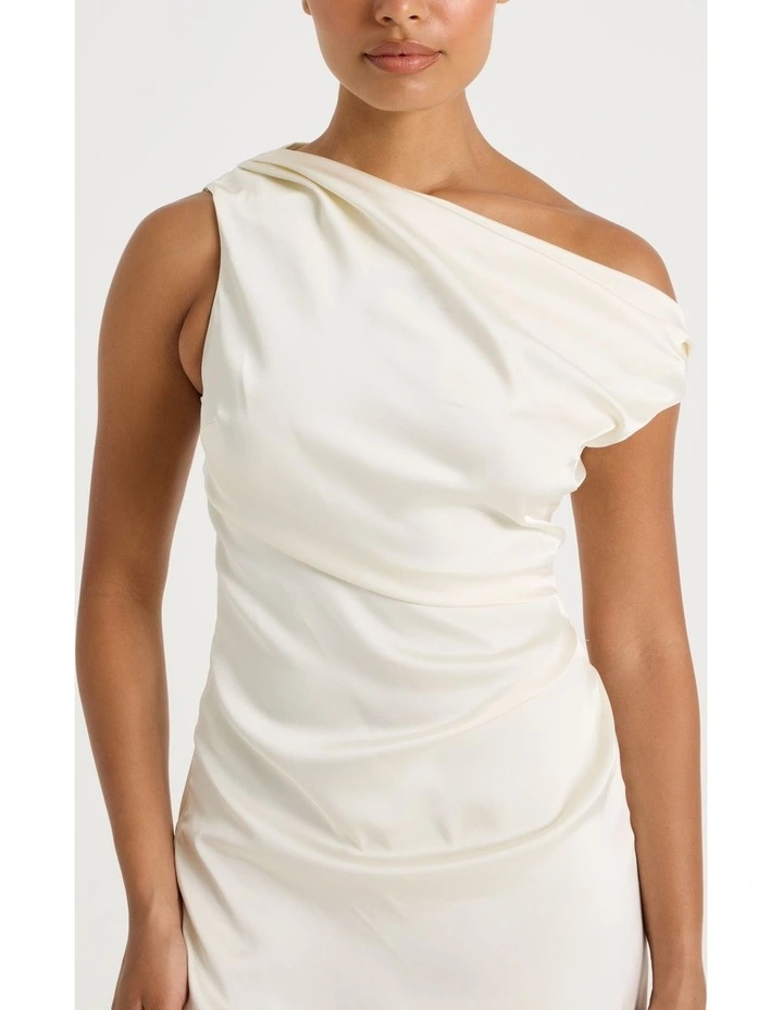 Satin Draped Asymmetrical Midi Dress in Ecru image 4