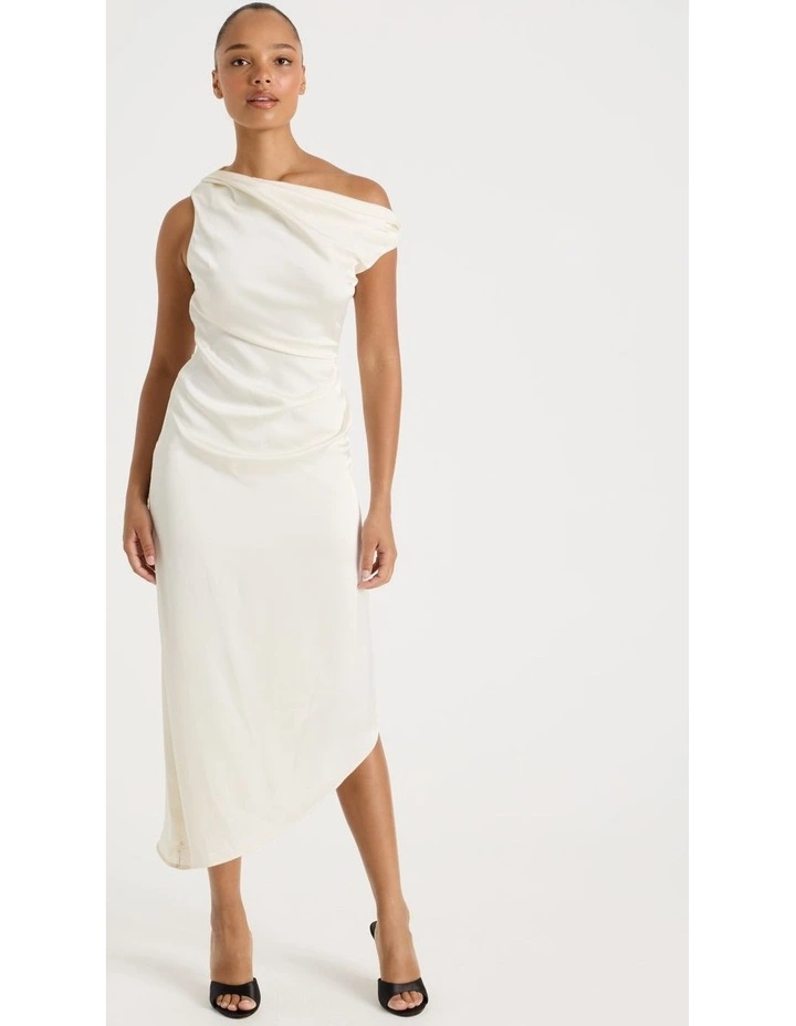 Satin Draped Asymmetrical Midi Dress in Ecru image 5