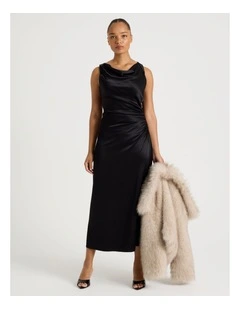 Satin Ruched Asymmetrical Midi Dress in Black