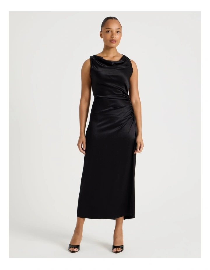 Satin Ruched Asymmetrical Midi Dress in Black image 4