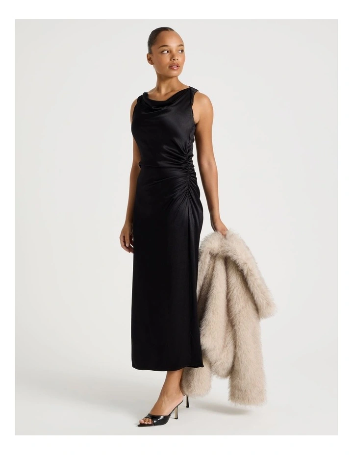 Satin Ruched Asymmetrical Midi Dress in Black image 5