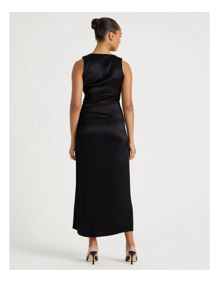 Satin Ruched Asymmetrical Midi Dress in Black image 6