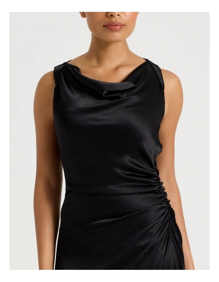 Satin Ruched Asymmetrical Midi Dress in Black image 7