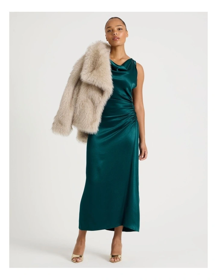 Satin Ruched Asymmetrical Midi Dress in Teal image 1