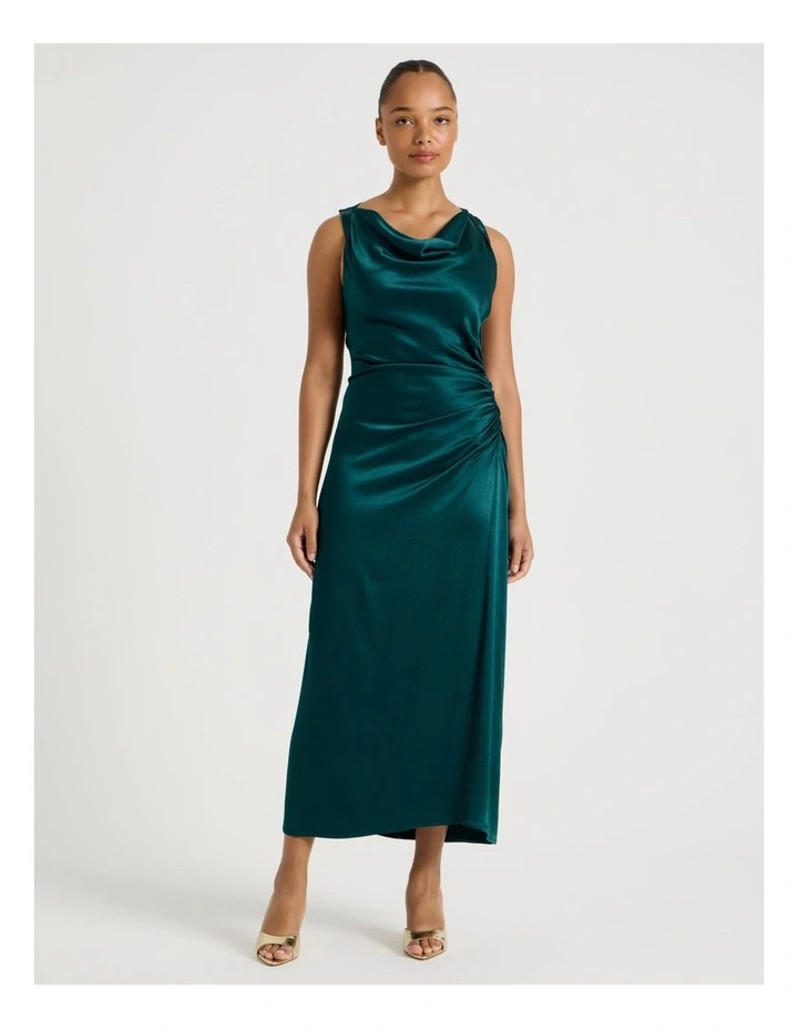 Satin Ruched Asymmetrical Midi Dress in Teal image 3