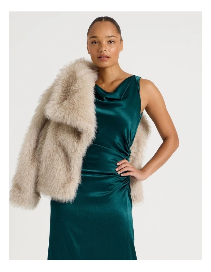 Satin Ruched Asymmetrical Midi Dress in Teal image 4