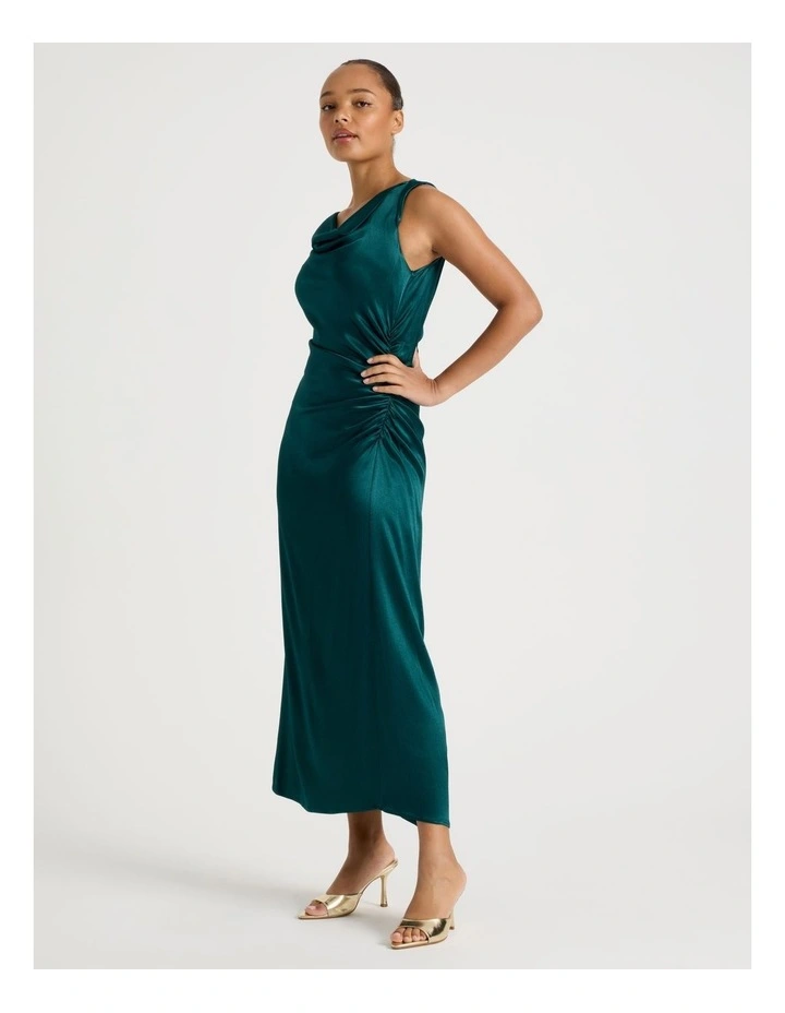 Satin Ruched Asymmetrical Midi Dress in Teal image 5