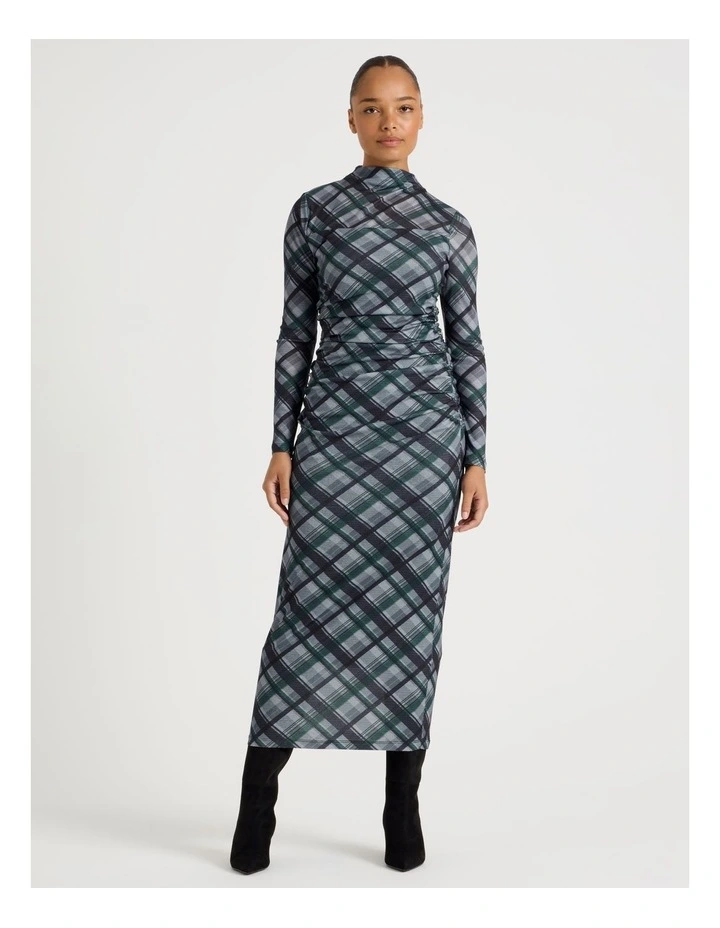 Jersey Long Sleeve Midi Dress in Atlantic Check image 2
