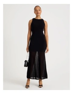 Sheer Skirt Knit Midi Dress in Black