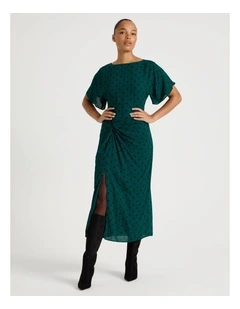 Gathered Detail Midi Dress in Atlantic and Black Spot Print