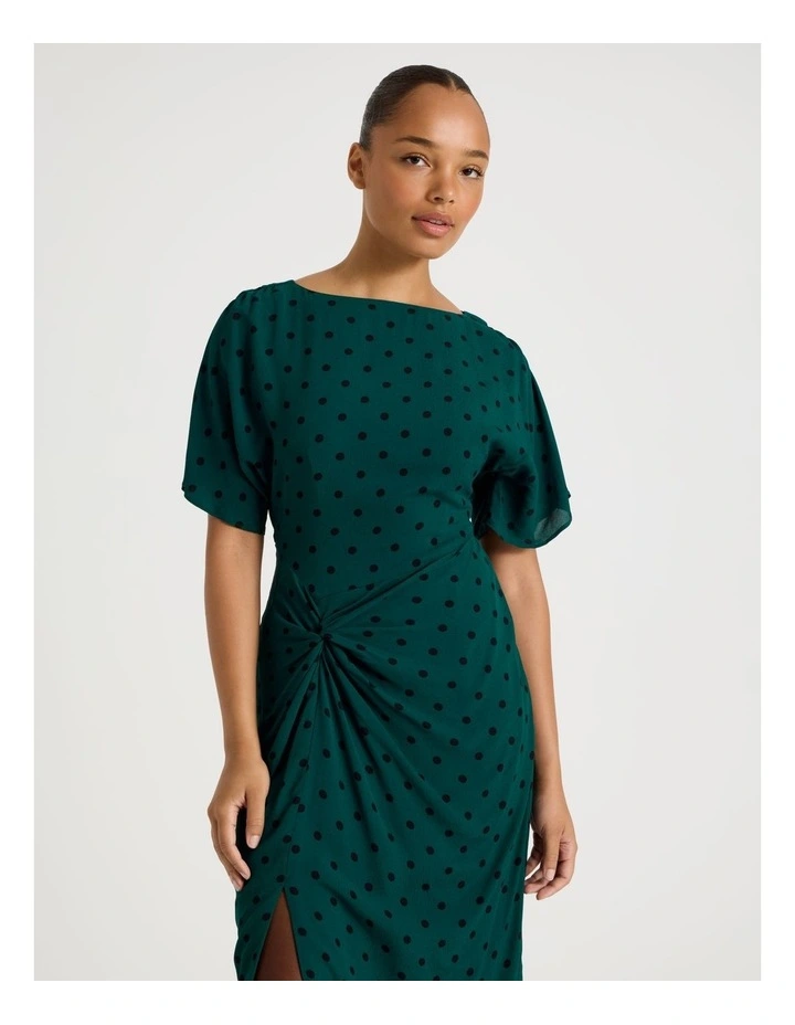 Gathered Detail Midi Dress in Atlantic and Black Spot Print image 2