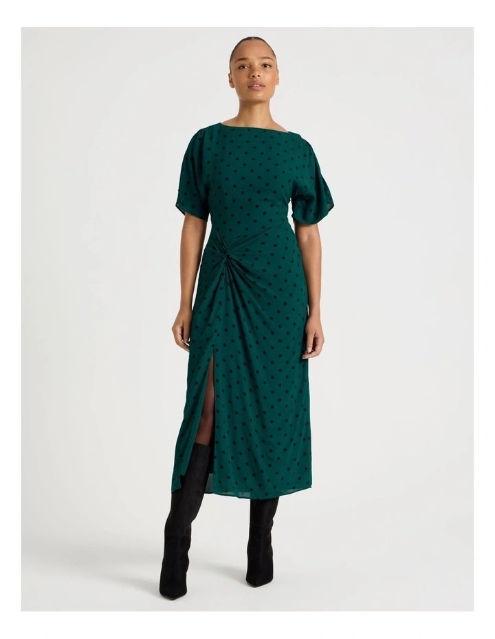 Gathered Detail Midi Dress in Atlantic and Black Spot Print image 5