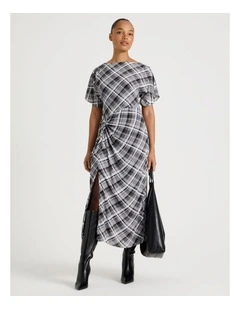 Gathered Detail Midi Dress in Grey Check
