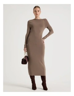 Asymmetrical Off Shoulder Knit Midi Dress in Taupe