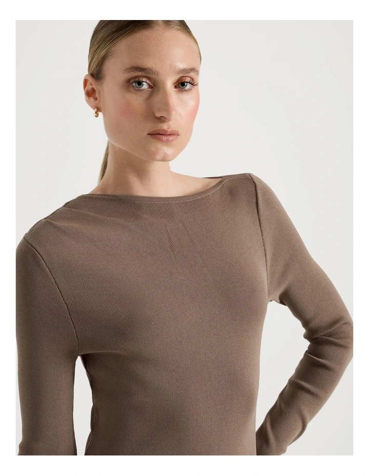 Asymmetrical Off Shoulder Knit Midi Dress in Taupe image 2