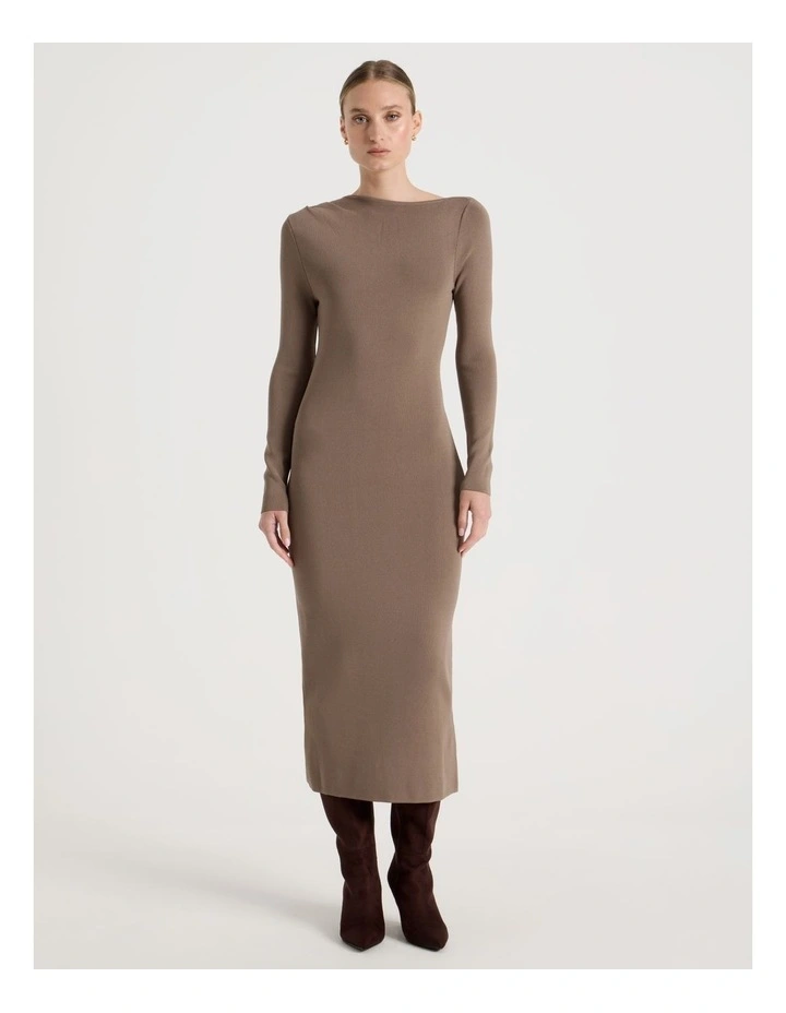 Asymmetrical Off Shoulder Knit Midi Dress in Taupe image 3