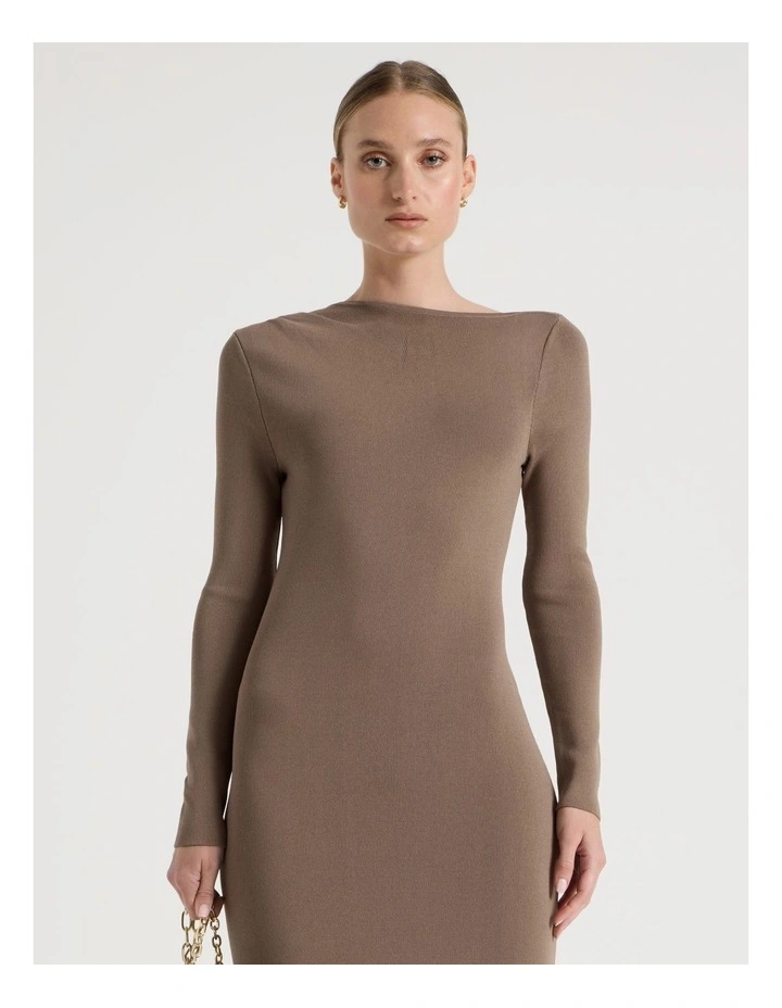 Asymmetrical Off Shoulder Knit Midi Dress in Taupe image 4