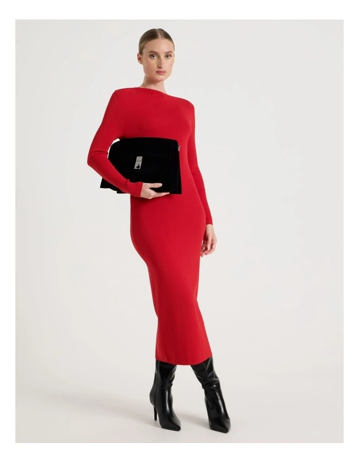 Asymmetrical Off Shoulder Knit Midi Dress in Red image 1