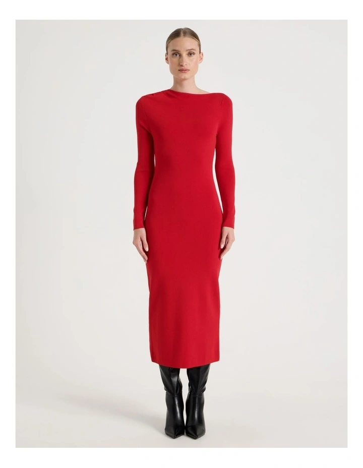 Asymmetrical Off Shoulder Knit Midi Dress in Red image 3