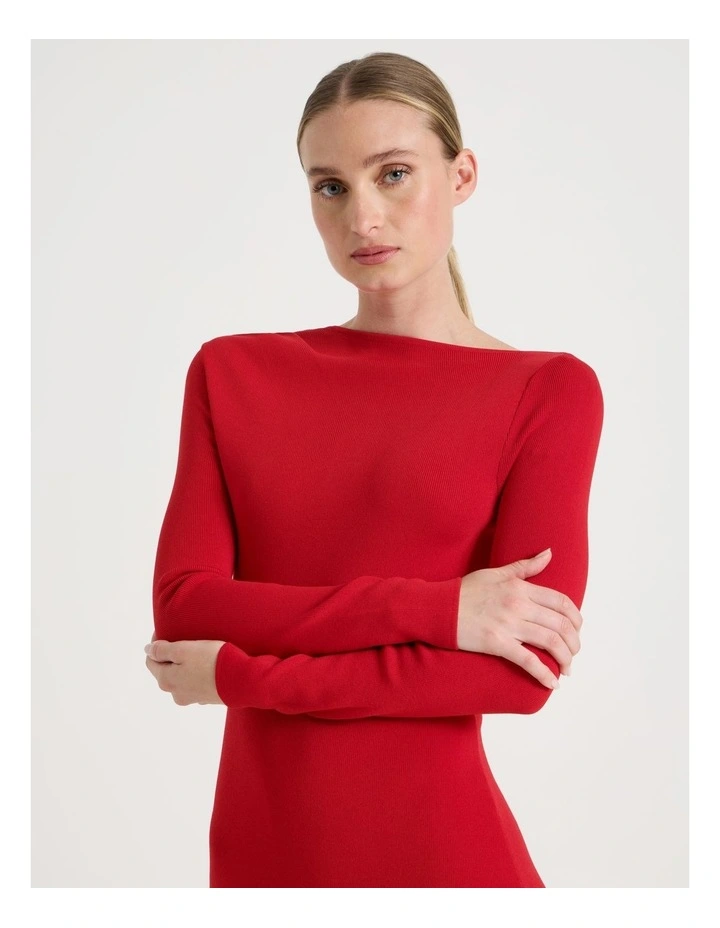 Asymmetrical Off Shoulder Knit Midi Dress in Red image 4