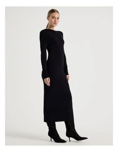 Asymmetrical Off Shoulder Knit Midi Dress in Black