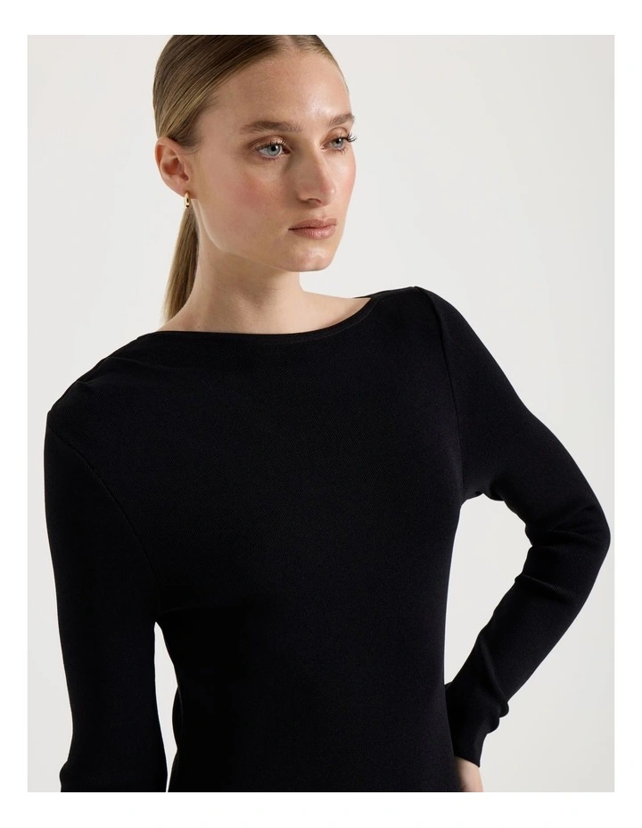 Asymmetrical Off Shoulder Knit Midi Dress in Black image 3