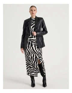 Long Sleeve Ruched Midi Dress in Black/White