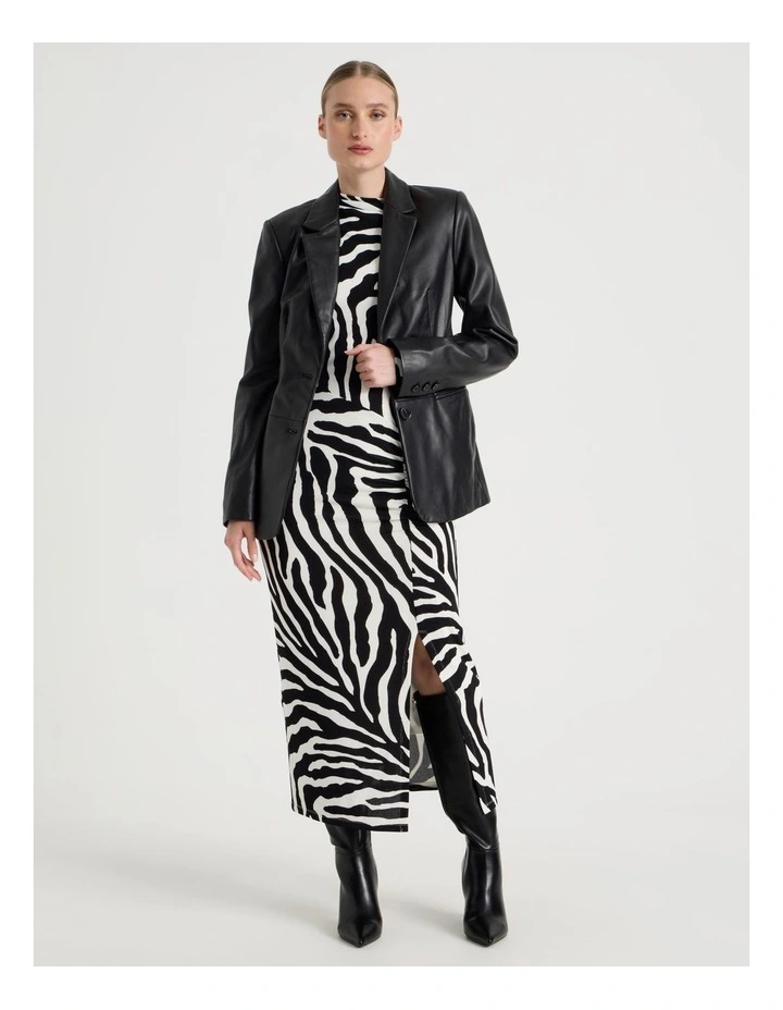 Long Sleeve Ruched Midi Dress in Black/White image 1