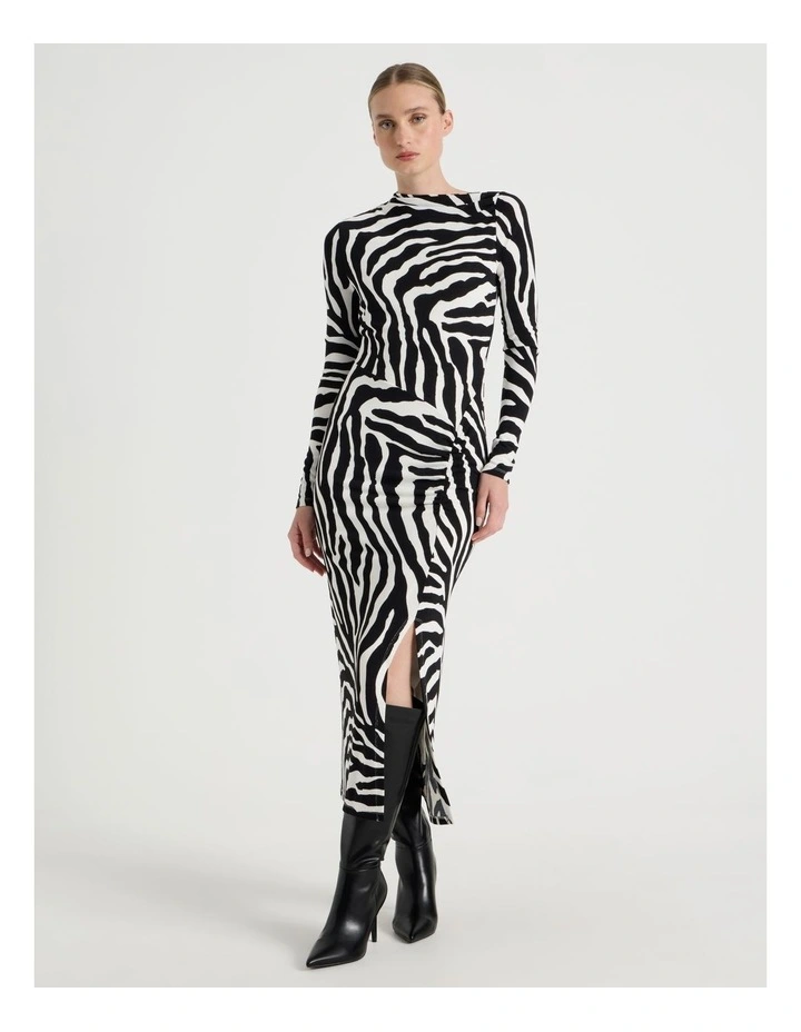 Long Sleeve Ruched Midi Dress in Black/White image 2
