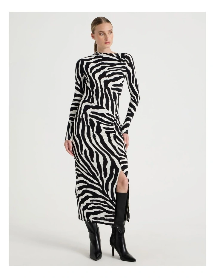Long Sleeve Ruched Midi Dress in Black/White image 4