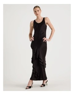 Satin Ruffle Maxi Dress in Black