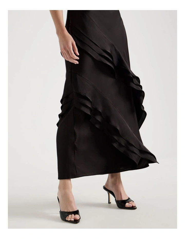 Satin Ruffle Maxi Dress in Black image 2