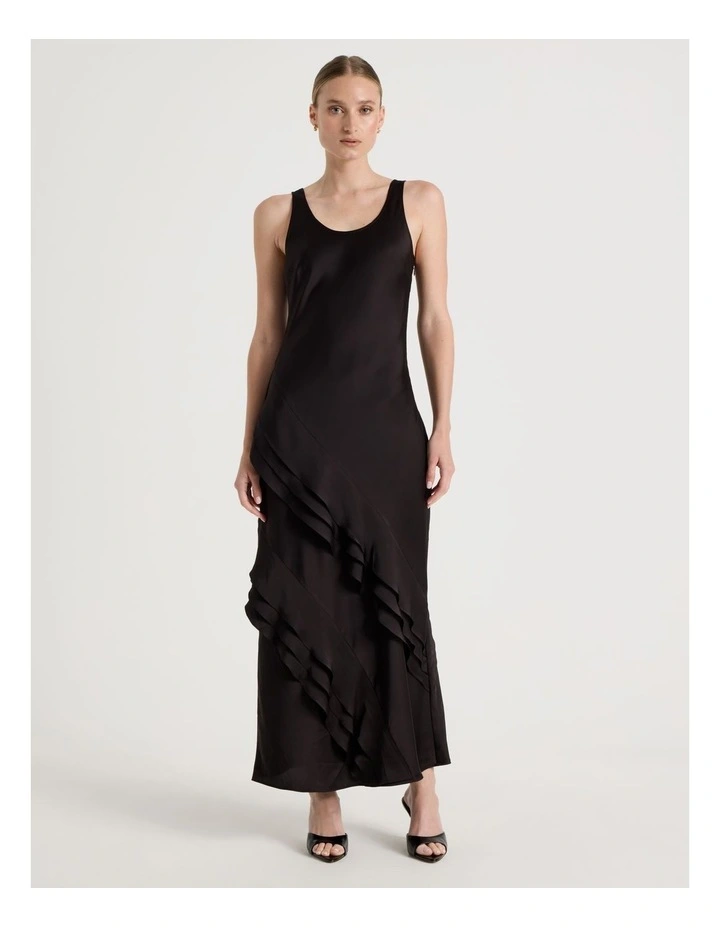Satin Ruffle Maxi Dress in Black image 7