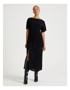 Gathered Detail Midi Dress in Black