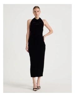 Velvet Halter Neck Midi Dress in Black