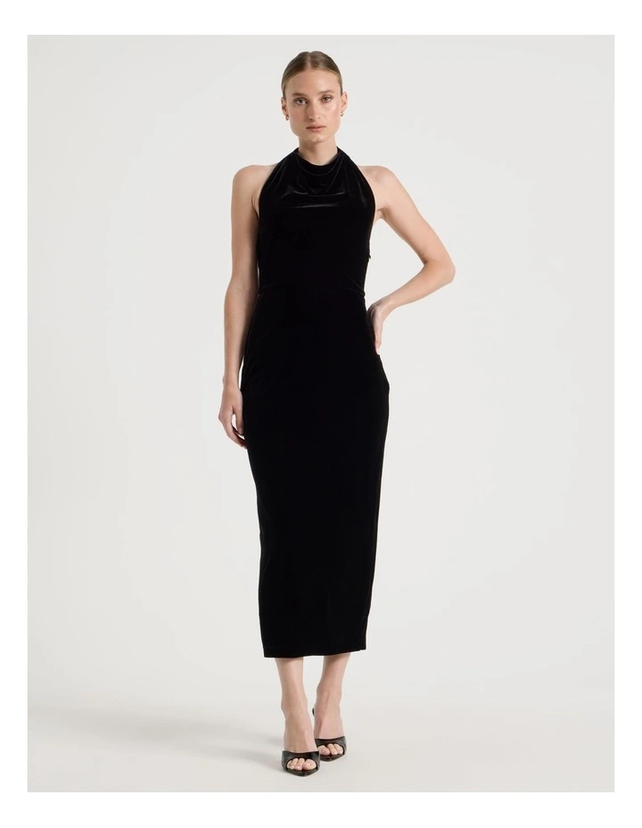 Velvet Halter Neck Midi Dress in Black image 1