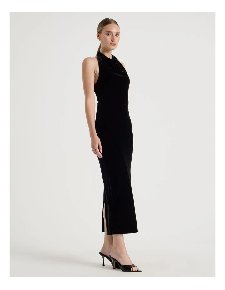 Velvet Halter Neck Midi Dress in Black image 3