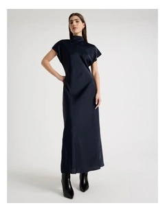 Satin Mock Neck Midi Dress in Black