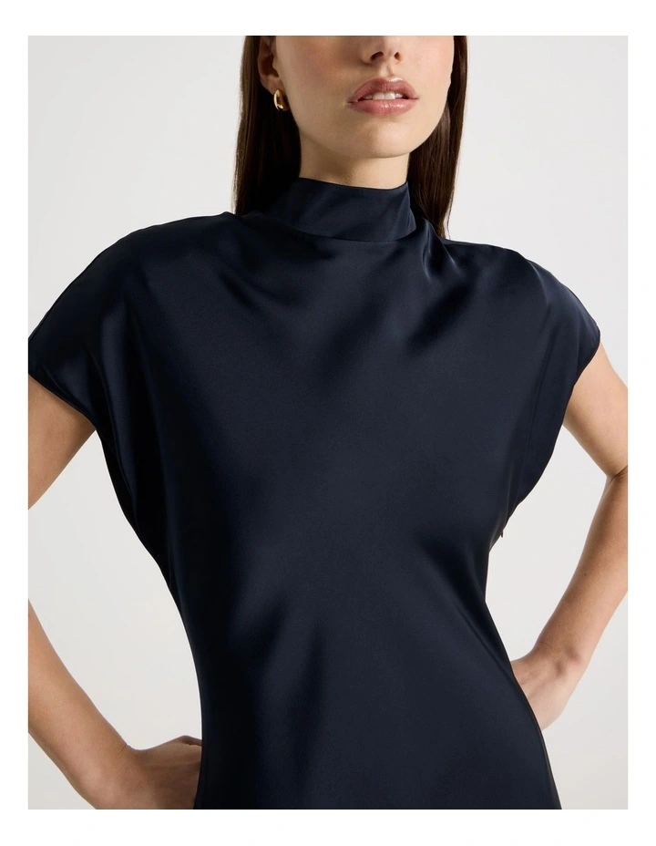 Satin Mock Neck Midi Dress in Black image 2