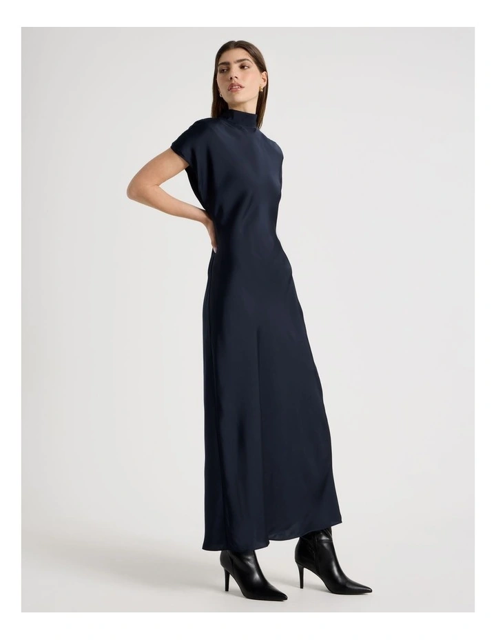 Satin Mock Neck Midi Dress in Black image 3