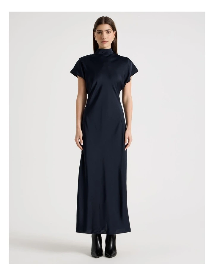 Satin Mock Neck Midi Dress in Black image 4