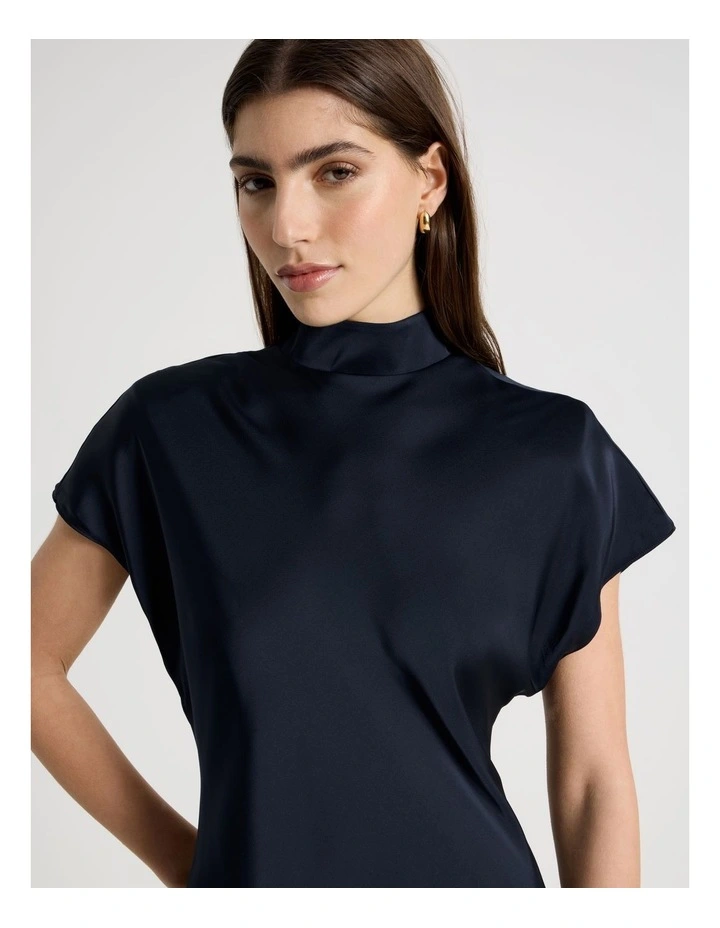 Satin Mock Neck Midi Dress in Black image 5