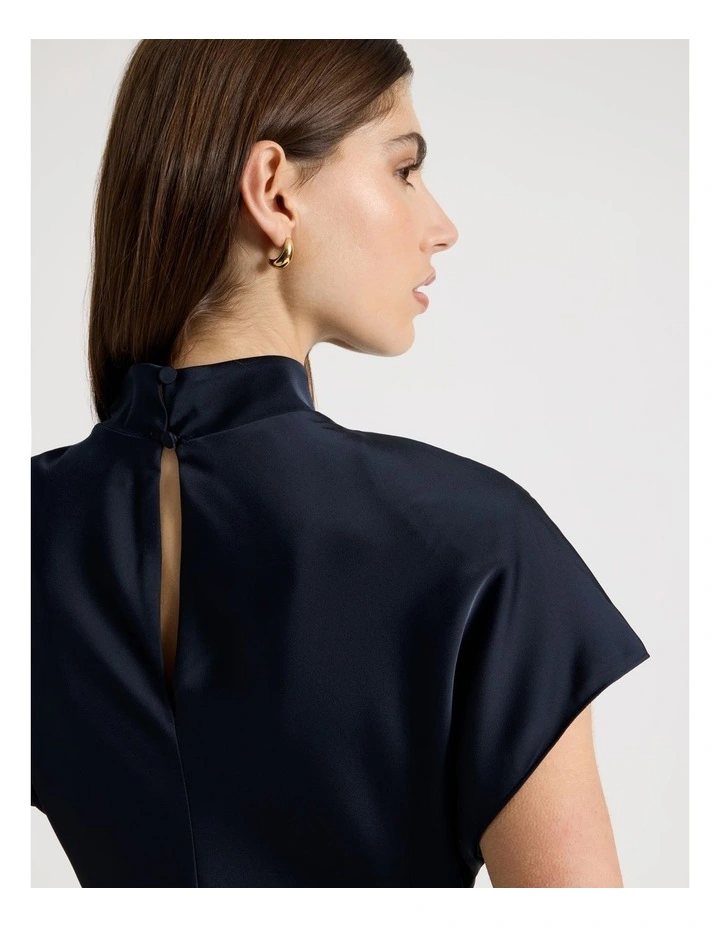 Satin Mock Neck Midi Dress in Black image 7
