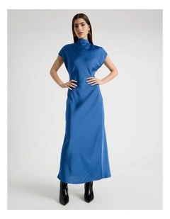 Satin Mock Neck Midi Dress in Blue