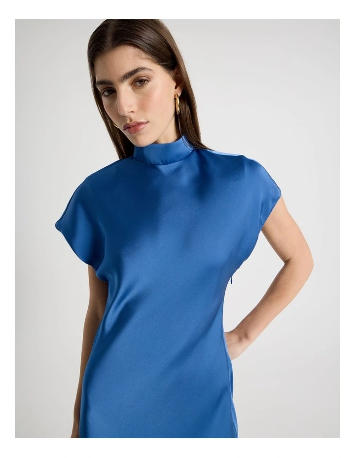 Satin Mock Neck Midi Dress in Blue image 2